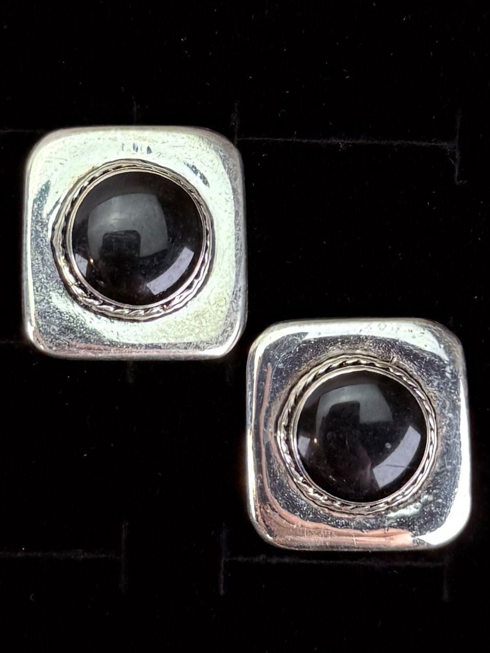 Aged Silvertone black Onyx weighted southwestern style pierced earrings